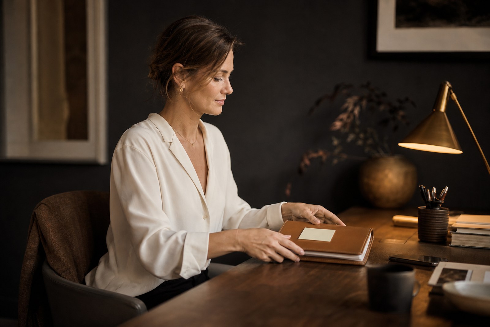 Founder closing a leather notebook with a sticky note at the end of a work session