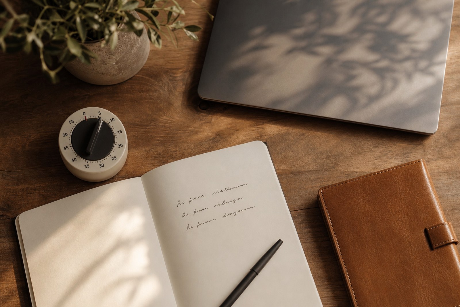 Overhead view of a kitchen timer, notebook and closed laptop set up for a focused 60-minute work window